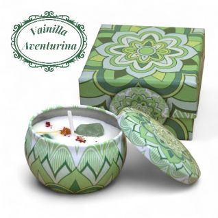 Vela lata con mineral Aventurina y Vainilla